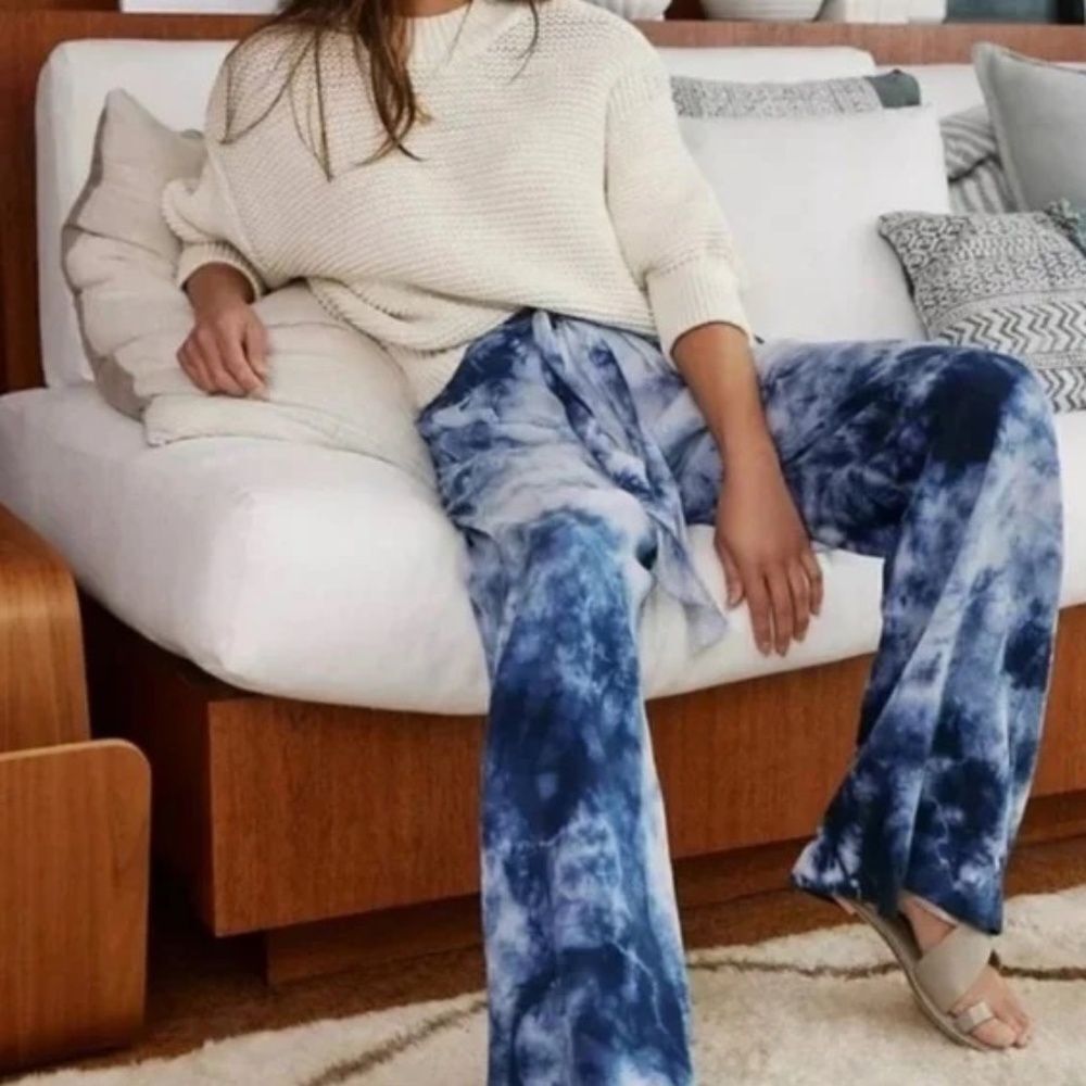 Cloth & Stone NWT Blue/White Tie Dye Wide Leg Drawstring Waist Pants Sz‎ M